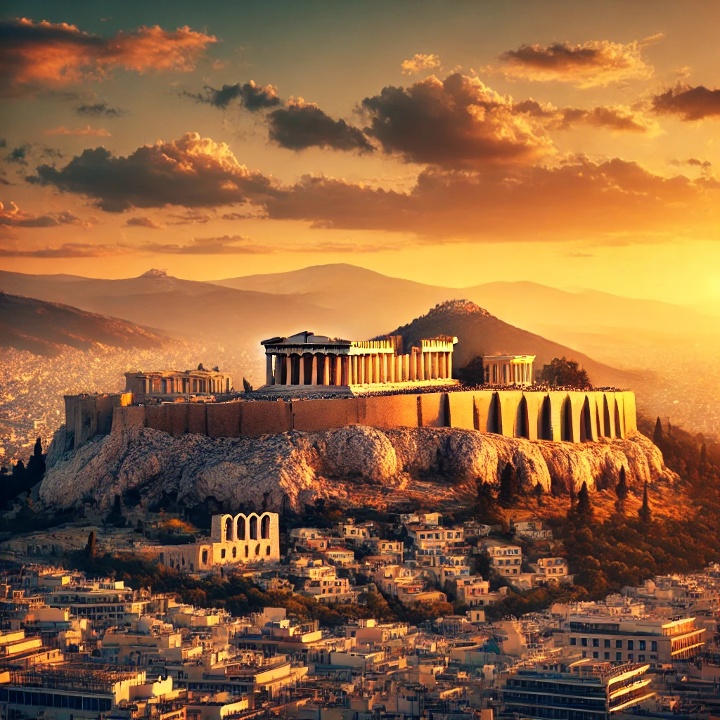 A stunning panoramic view of the Acropolis at sunset, showcasing the Parthenon and surrounding temples.