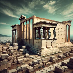 The Erechtheion temple with its iconic Caryatids, standing elegantly against a clear sky